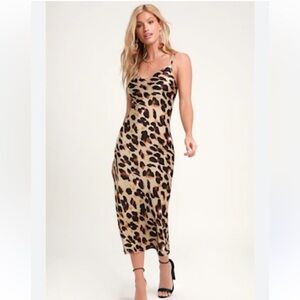 Lulus Less Is Roar Taupe Leopard Print Satin Midi Slip Dress Size Medium